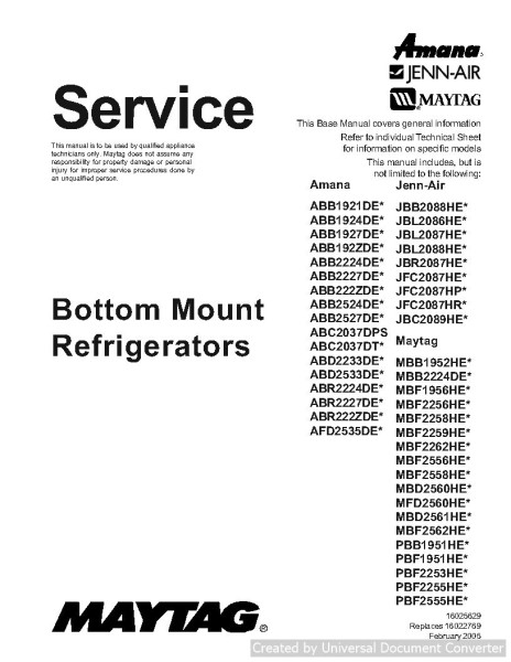 Jenn-Air JBR2087HE Bottom Mount Refrigerator Service Manual