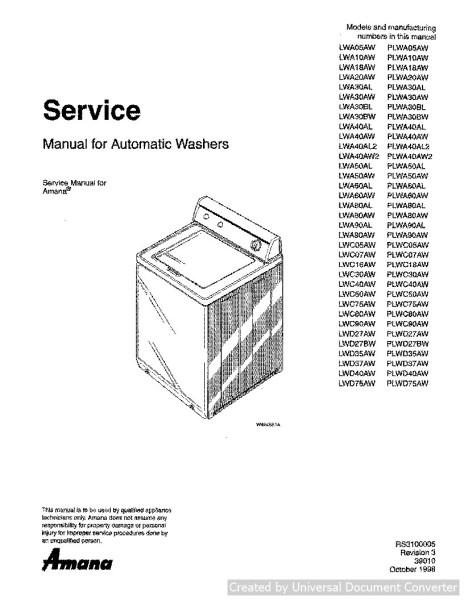 Amana PLWA80AL Automatic Washer Service Manual