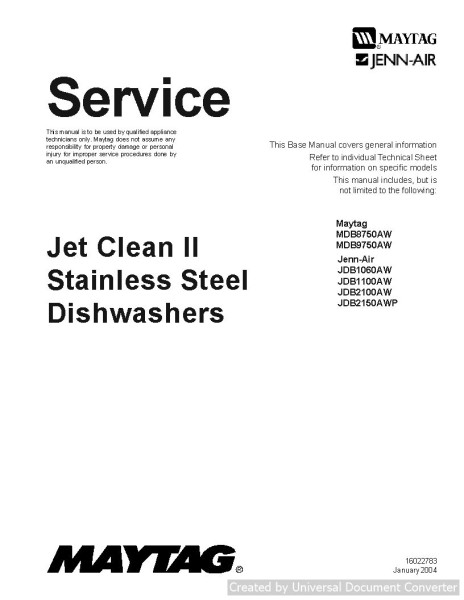 Jenn-Air JDB1100AW Jet Clean II Stainless Steel Dishwasher Manual
