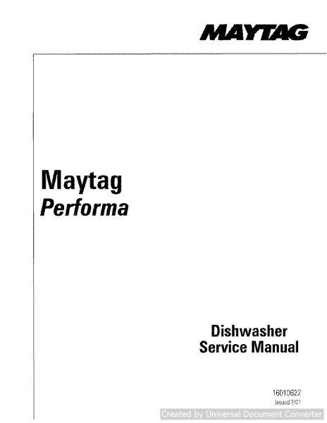Maytag 16010622 Performa Dishwasher Service Manual