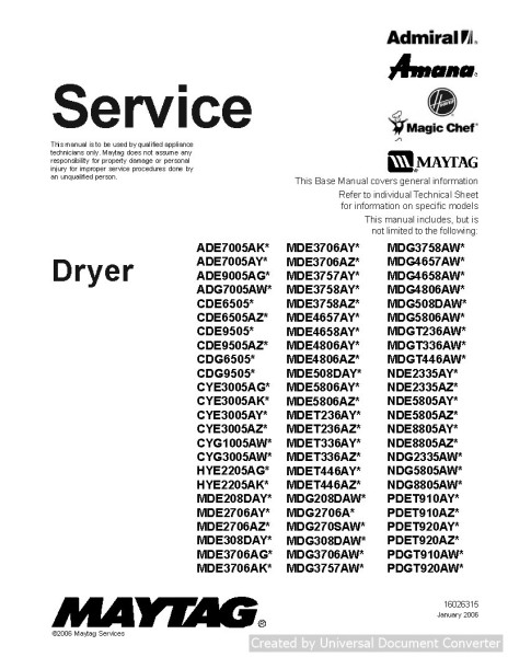 Maytag Amana CDE6505AZ Dryer Service Manual