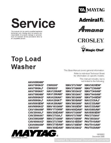 Maytag Amana AAV8000AJ Top Load Washer Service Manual