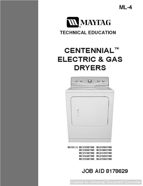 Maytag MGD5600TW0 Centennial Electric & Gas Dryers Service Manual