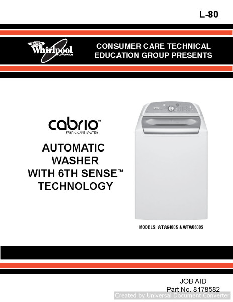 Whirlpool Cabrio WTW6400S Automatic Washer Service manual