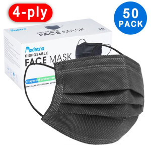 Modenna 4-Ply Disposable Face Masks Black 50Pcs, 4 Layer Elastic Ear Loop Masks (General Use)