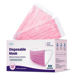 WeCare Face Masks - Box of 50, 3-Ply, Individually-Wrapped - Hot Pink