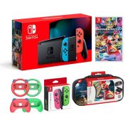 Nintendo Switch Super Mario Kart 8 Deluxe Bundle: Red and Blue Joy-Con Console, an Extra Pair of Neon Pink and Green Joy-Con, Mytrix Wheels & Grips, Super Mario Kart 8 Deluxe Game Disc and Travel Case